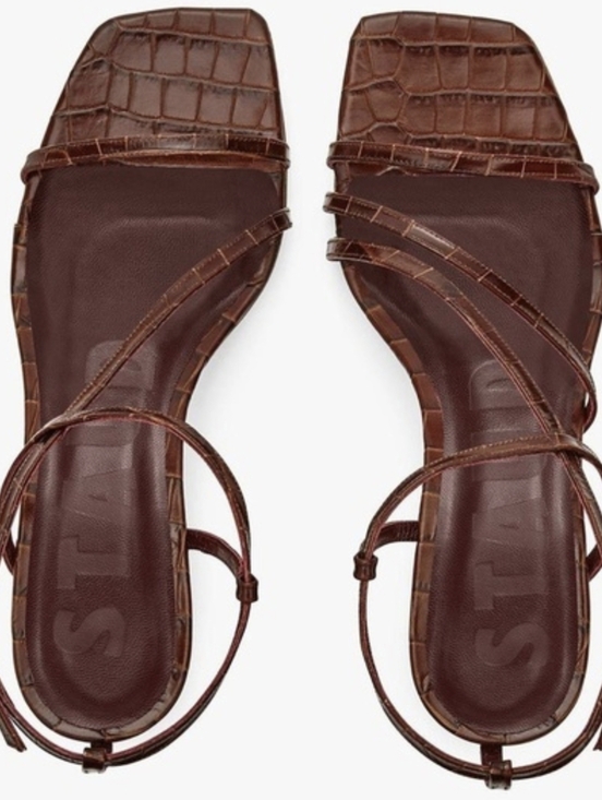 STAUD Shoes - STAUD Chocolate Brown Croc-Embossed Strappy Square-Toe Sandals